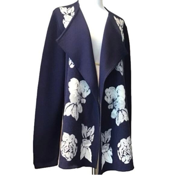 J. Peterman Navy Blue Floral Open Wrap Cardigan Sweater 100% Merino Wool Size L - Picture 1 of 13